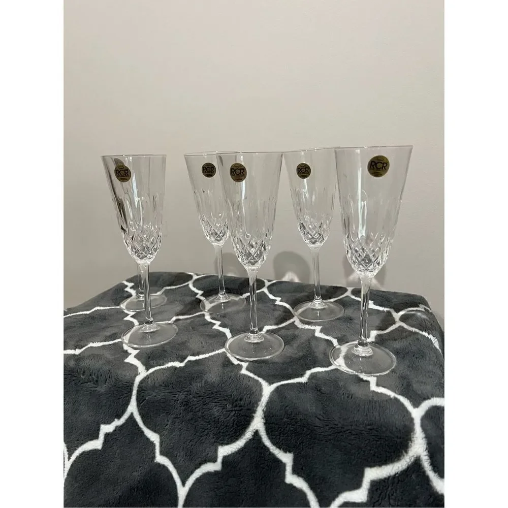 Royal Crystal Rock 8” Lead Crystal Champagne Flute Glass Italy Set of 6